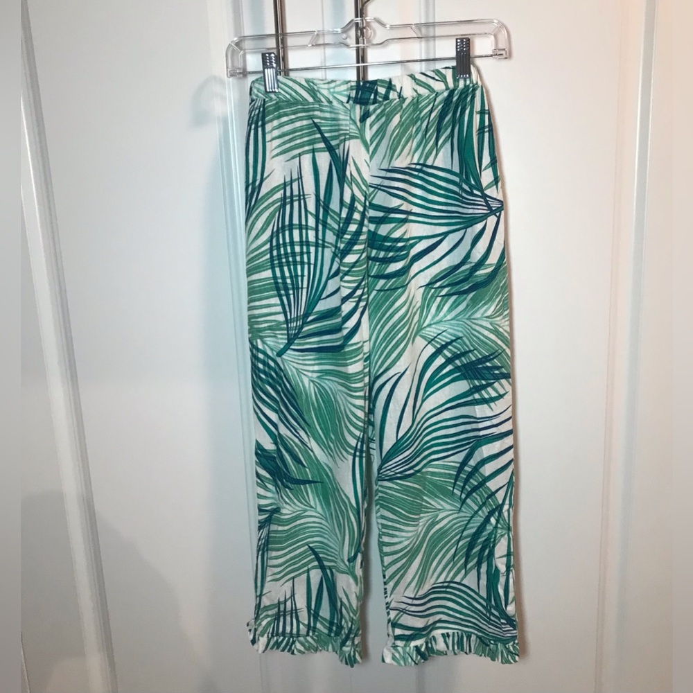 For Cynthia linen pants tropical leaf palm print ruffles crop cropped capris